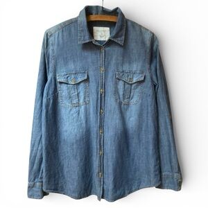 Sonoma Womens Large Chambray Denim Button Up Shirt Roll Tab Western Pocket